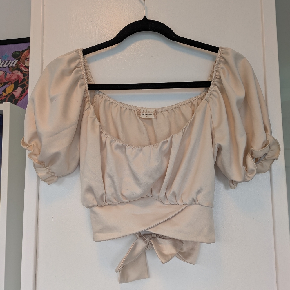 Altar'd State Cream Puff Sleeve Satin Blouse